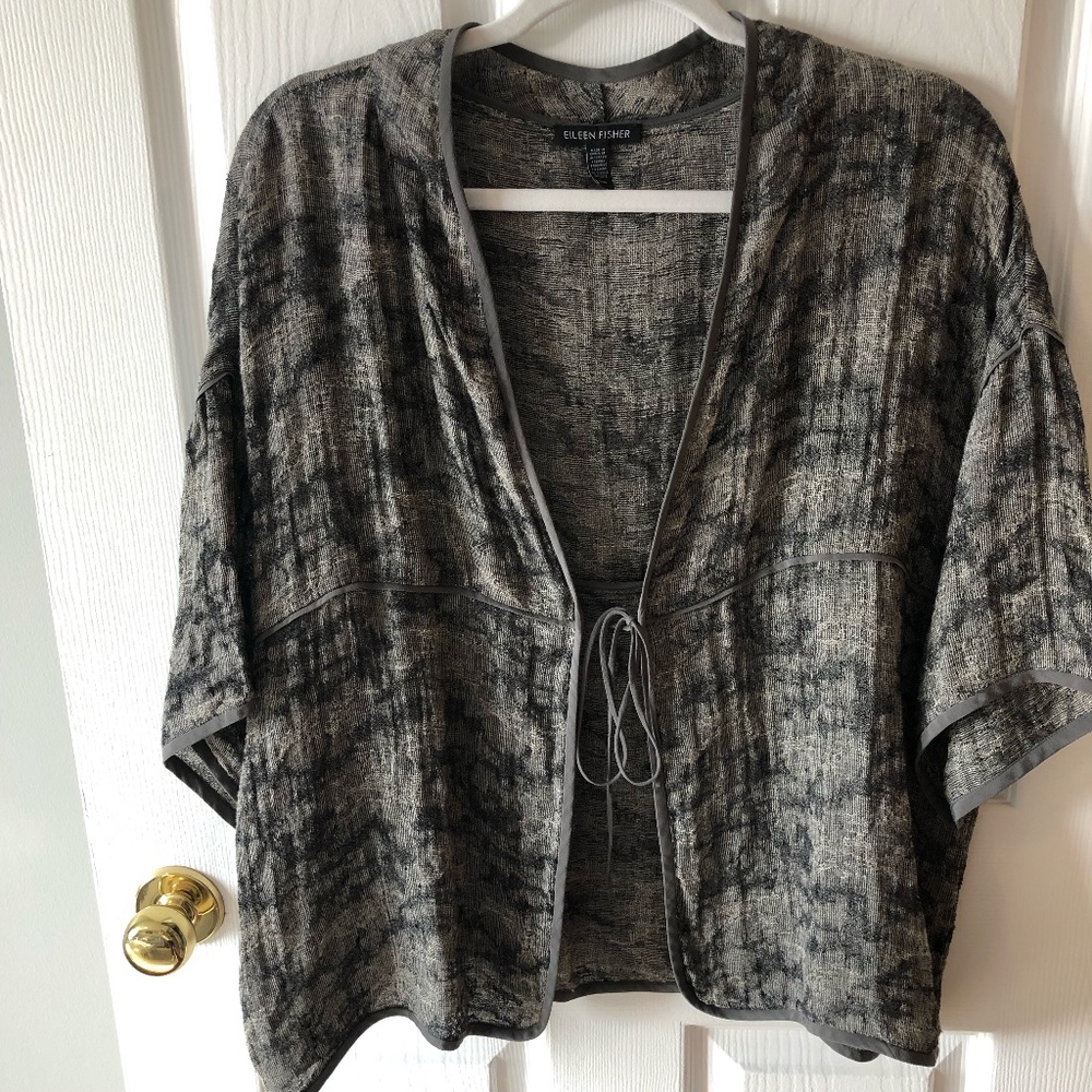 Eileen Fisher Marble Print Linen Blend Tie Front Cardigan sz L